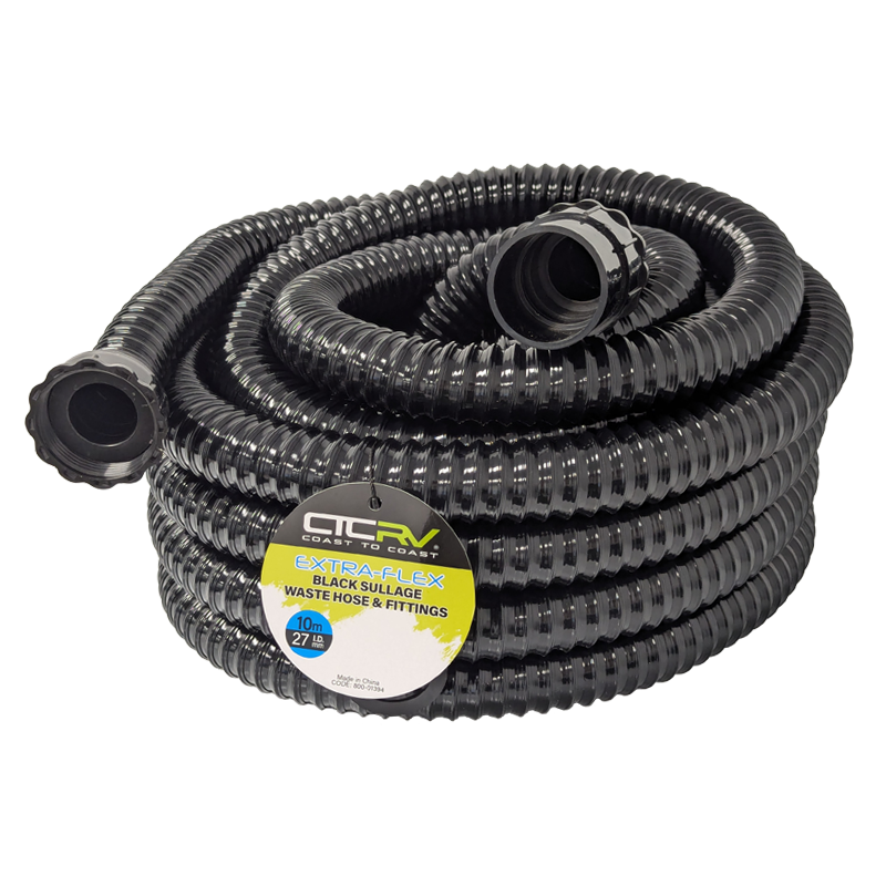 COAST RV EXTRA-FLEX Sullage Waste Hose with 40mm Fittings - 10m BLK Roll - 27mm I.D.