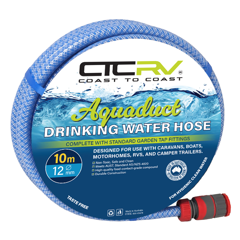 COAST RV Aquaduct 10m Blue Drinking Water Hose with Kit Fittings - 12mm